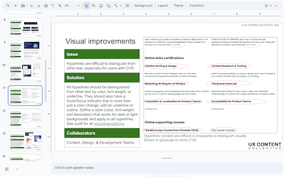 Google presentation slide showing Visual improvements required.