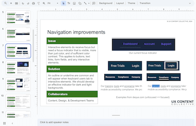 Google presentation slide showing Navigation improvements required.