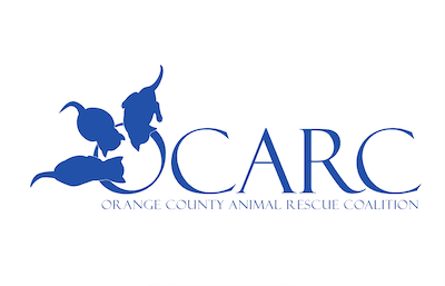 Logo of the Orange County Animal Rescue Coalition showing three cats drinking from a bowl of milk that is the O in OCARC.