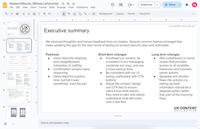 Google presentation slide showing positive findings, and short and long term changes.